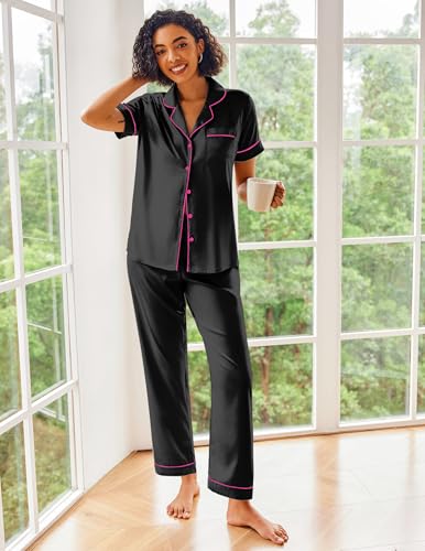 Image of Ekouaer 2 Piece Satin Short Sleeve Pajamas Set Button Down Sleepwear | Soft Pjs Set Classic Loungewear for Wedding, Party, Home, Daily Wear, Date Nights