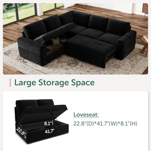 Image of HONBAY Modular Sectional Sleeper Sofa with Pull Out Bed,Corduroy L Shaped Couch with Storage, Sectional Couches for Living Room,Black