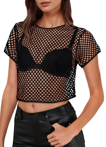 Image of Womens Sheer Mesh Top Fishnet T Shirts Short Sleeve See Through Casual Crop Tops