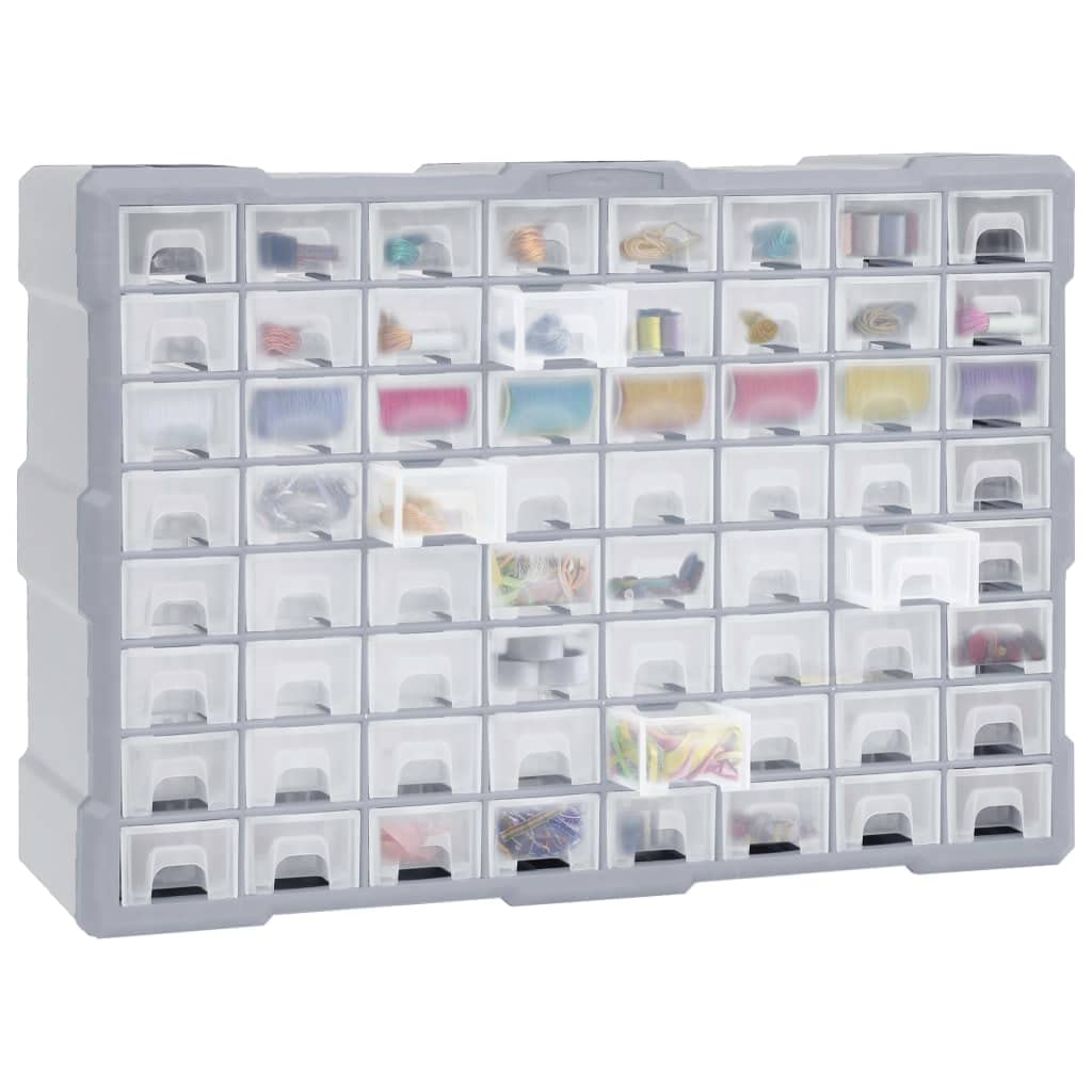 Organizador de múltiples cajones con 64 cajones, plástico PP resistente, 52 x 16 x 37,5 cm, caja organizadora para tornillos, piezas pequeñas y herramientas de mano, ideal para taller, garaje