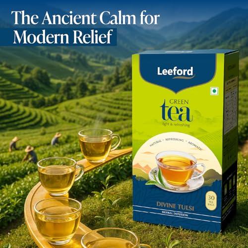 Image of Leeford Divine Tulsi Green Tea for Weight Loss - with Antioxidants and Nutrients | Pack of 2 (30 Bags Each) | Stress Relieving, Uplifts Mood, Rich in Antioxidants | Green Tea for Weight Loss