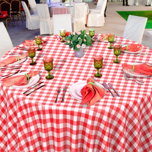 Image of 12 Pack Red and White Plastic Checkered Tablecloth Round, Premium Decorative Disposable Red Gingham Plaid Table Cloths for Parties, Round Party Table Cover for Picnic Farm Birthday Wedding, 84 Inch