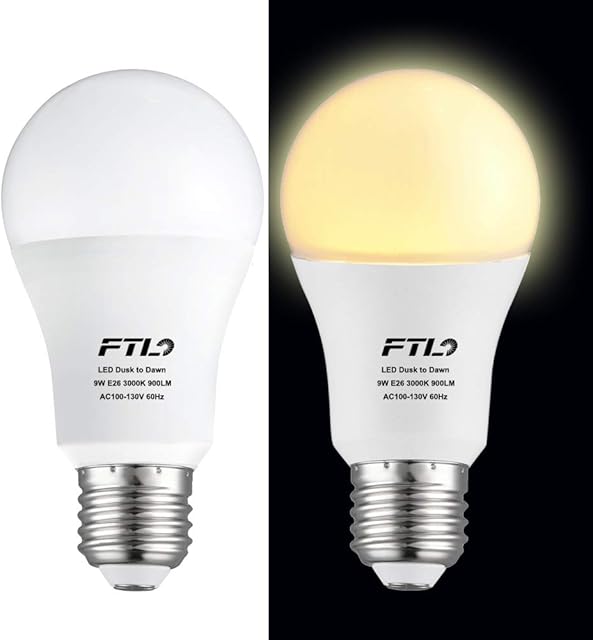 FTL Dusk Till Dawn Light Bulb LED 3000K Warm White 9W(60W Equivalent) 850LM A60 E27 Outdoor Light Sensor Bulb for Porch, Garage, Garden 2-Pack