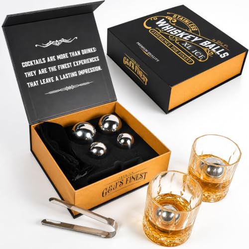 G&Js Finest Premium 4-Piece Stainless Steel Whiskey Chilling Ball Gift Set 2 X-Large & 2 Large size Balls with Freezer Pouches and Tongs in Luxury Gift Box for Bourbon|Scotch|Whiskey(Not-Solid)