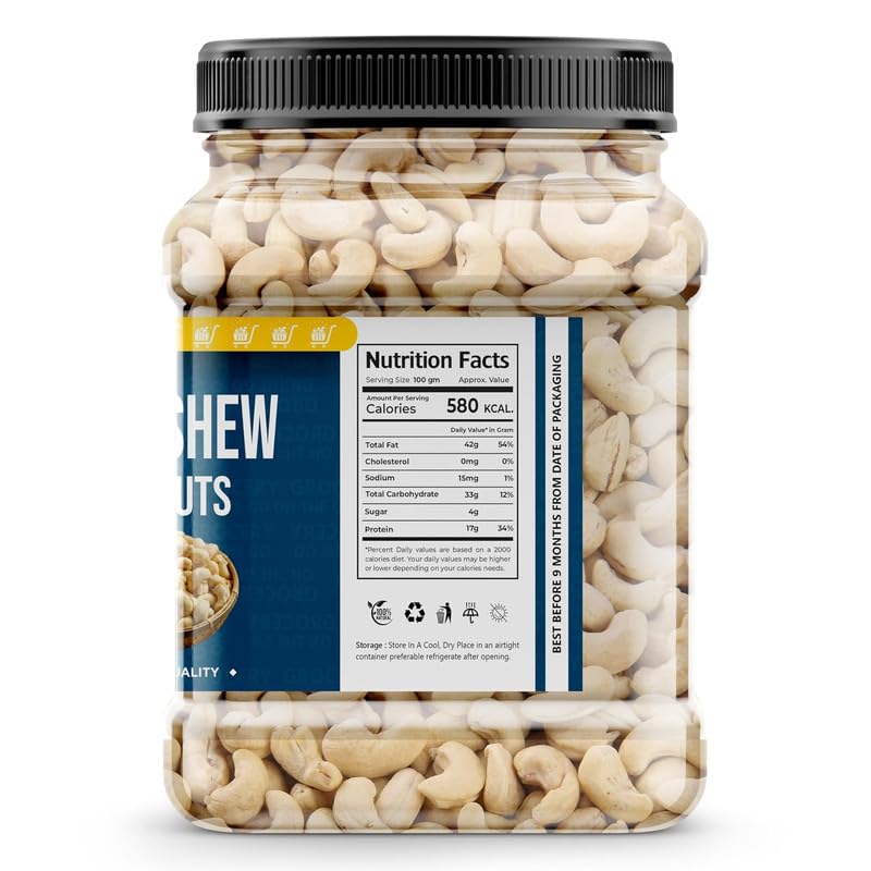 GROCERY ON THE GO Pure Cashews Whole/Kaju Whole Crunchy Cashew Healthy Snack Dry Fruits, Kaju, Gluten Free & High Protein 1kg
