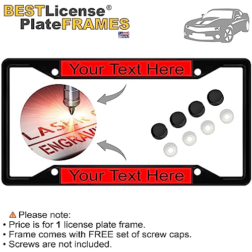 Image of Personalized with Custom Text Design - 4 Hole Black Metal Laser Engraved US Standard Size - Car License Plate Frame with Free caps - Red /Black Text (Qty: 1 Frame)