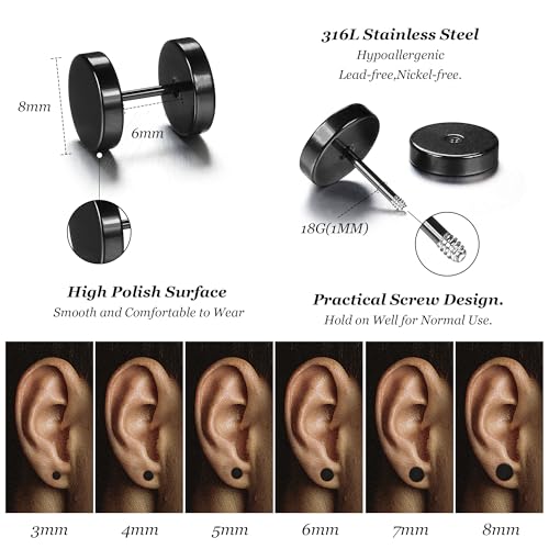 FIBO STEEL 6 Pairs Stainless Steel Black Stud Earrings for Men Women Faux Gauges Ear Tunnel Fake Gauge Earrings 3-8mm2
