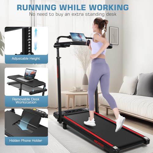 Image of Walking Pad Treadmill Adjustable Height, Under Desk Treadmills with Handle Bar and Incline, 300lbs Capacity Foldable Treadmill with Removable Desk Workstation, Installation-Free(Black red)