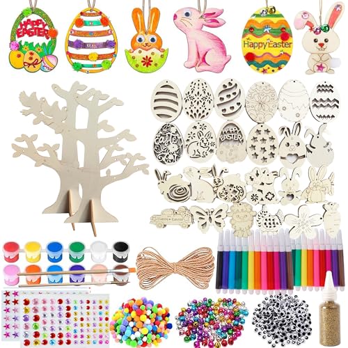 Holzanhänger ostern zum bemalen, 398 Stück Ostern Basteln Kinder set mit Aquarellstift, Strass, Pinsel Pigmente Palette, Osteranhänger Holz für Ostern DIY Kunsthandwerk und Kinder Geschenken