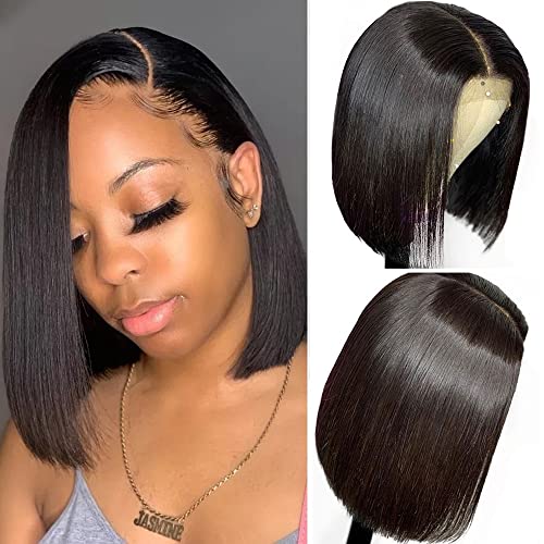 PANDA ANGEL 4X4 Straight Short Bob Wig Human Hair 150% Density Brazilian Virgin Human Hair Lace Closure Wig Natural Color Middle Part Closure Wigs 12 Inch