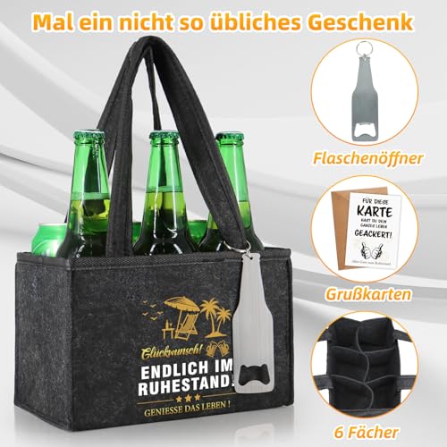 WenmthG Witzige Ruhestand Geschenk Männerhandtasche Bier mit Flaschenöffner und Grußkarten für Männer Mann Frauen Freund Kollegen Biertasche aus Hochwertigem Filz Flaschenträger für 6 Bierflaschen