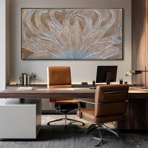 Image of Brown Oil Painting Wall Art Botanical Neutral Floral Flowers Framed Wall Decor Abstract Canvas Pictures Large Artwork for Bedroom Office 29x58 In