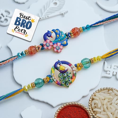 Image of eCraftIndia Multicolor Beautiful Peacock Designer Rakhi Set of 2 | Rakhi for Brother Bhaiya Bhai with Best Bro Ever Fridge Magnet | Roli Chawal Pack