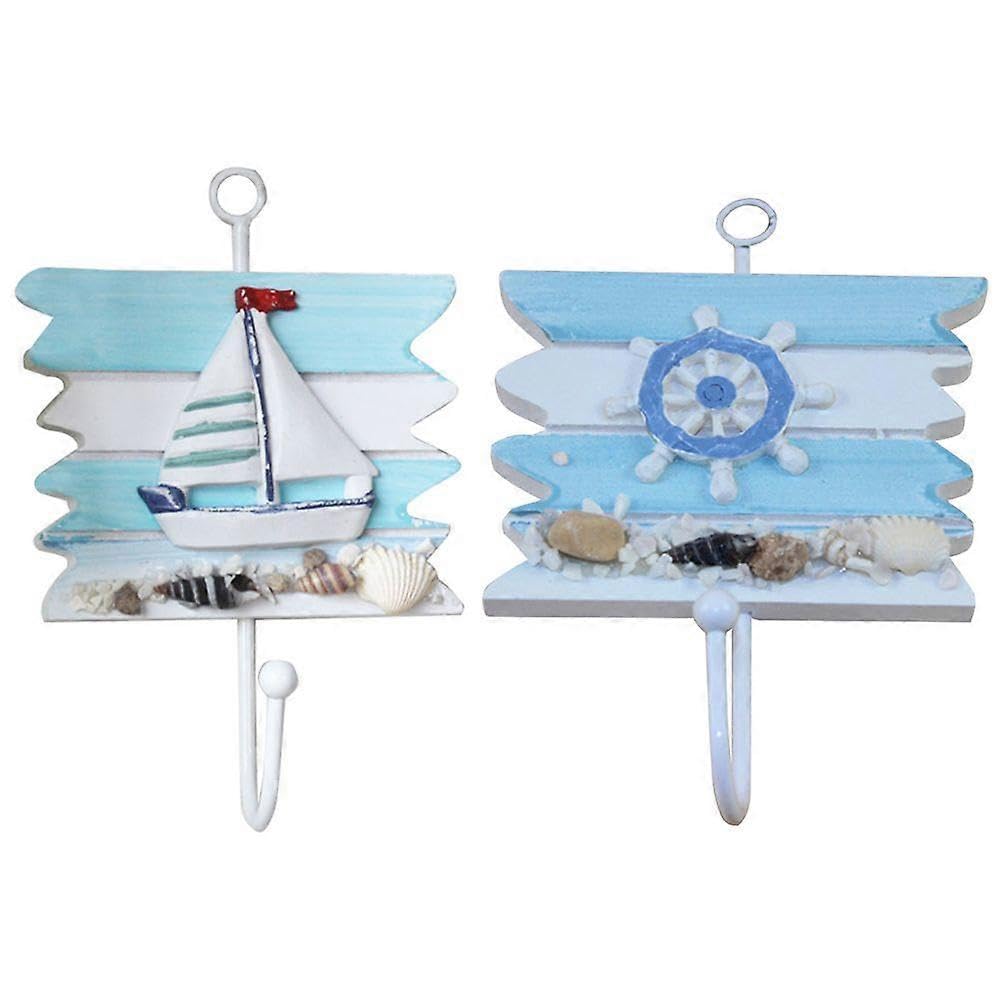 JOYHAPPST 2Pcs Mediterranean Style Wooden Hook Creative Hook Wall Hanger Decorative Hook (Sailboat Style and Rudder Style)