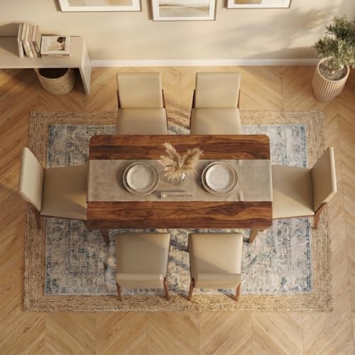 Image of DecorNation Italiana Solid Wood Dining Room Set for Home, Living Room- Dining Table with Cushioned Chairs (Walnut, 6 Seater)