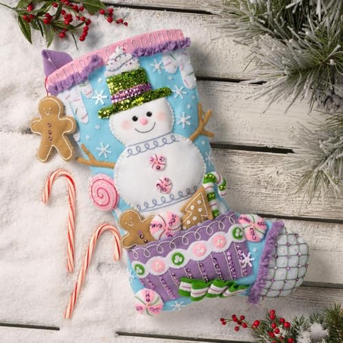 Image of Bucilla Felt Applique 18 inch Stocking Making Kit, Snowman's Candy Confections, Perfect for DIY Arts and Crafts, 89729E