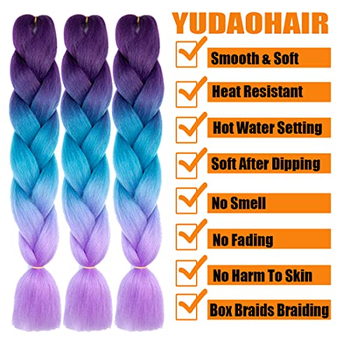 Yudaohair Braiding Hair Extensions For Women High Temperature Synthetic Ombre Jumbo Braids Hair For Twist Crochet Braiding Hair (24 Inch, Blue-Light Blue-Yellow Green-Pink-Peach Red) #TOP3