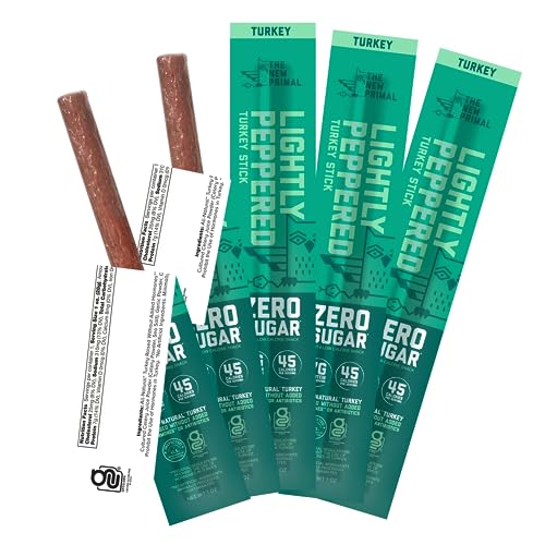 The New Primal All Natural Turkey Sticks, Lightly Peppered, Keto & Gluten Free Healthy Snacks for Adults, Sugar Free Low Carb High Protein Snack, Paleo Whole30 Jerky Meat Stick, 7g Protein, 45 Calories (Lightly Peppered Turkey, 5 Count (Pack of 1))