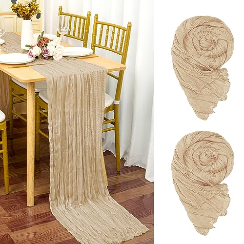 YMHPRIDE 2 Packs Cheesecloth Table Runner Beige, 90x300cm Light Brown Rustic Gauze Fabric Boho Table Runner