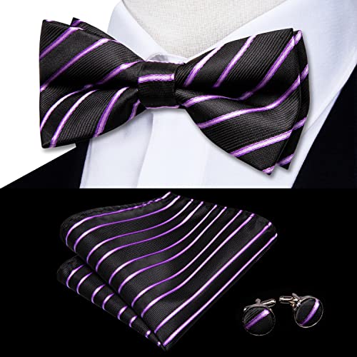 Image of Hi-Tie Black Purple Pre-Tied Bowties for Men Silk Clip On Striped Mens Bowtie Pocket Square Cufflinks Set for Wedding