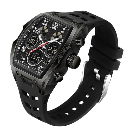 FANMIS Watch for Men Fashion Hollow Unique Rectangle Dial Wristwatch Waterproof Sport Digital Analog Dual Time Display Stopwatch Punk Cool Design Silicon Strap Dress Watch (Black Black)