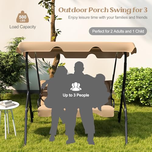 Image of Tangkula 3 Person Porch Swing, Patio Swing with Removable Cushion & Powder-Coated Steel Frame, Outdoor Swing with Canopy for Porch, Backyard, Garden, Balcony (Beige)