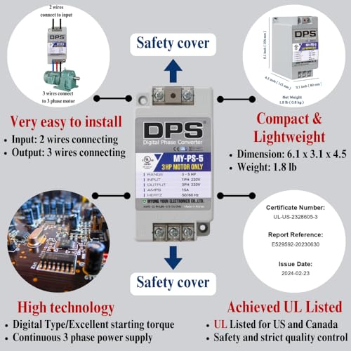 Image of DPS Single to 3 Phase Converter, My-PS-5 Model is Used for a 3HP(2.2kW) 9Amps 200-240V 3 Phase Motor, Input /Output 200V-240V, UL /CE Certified