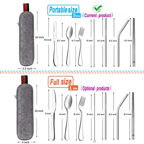 Portable utensils silverware flatware set, Travel Camping Cutlery set, 8-Piece including Knife Fork Spoon Chopsticks Cleaning brush Straws Portable bag, Stainless steel Flatware set (S size) - Thumbnail 2