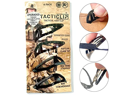 Tactical Hair Clips, 4 Pack - Multitool Snap Barrettes - Stainless Steel Multi-Functional Keychain Multi Tool - Box Cutter, Serrated Edge, Raptor Claw - Kippah Clips #TOP1