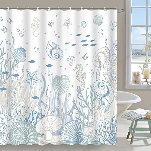 Ikfashoni Nautical Coastal Shower Curtain, Coral Seashell Beach Shower Curtain With 12 Hooks, Ocean Themed Bathroom Curtain, Starfish Seahorse Shower Curtains For Bathroom Decor, 69" X 70" Blue #TOP1