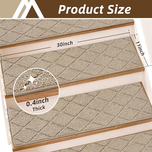 Image of COSY HOMEER Stair Treads for Wooden Steps 11 inchx30 inch Washable Indoor Carpet Stair Treads Non Slip Soft Polyester Stair Carpet Tread Reusable Stair Runner Rugs for Kids, Elders,Pets,Beige,15pcs