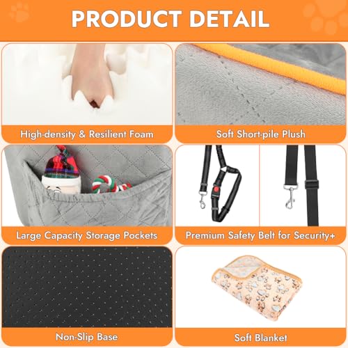 Vivifying Hunde Autositz für Kleine Hunde, Abnehmbare und Waschbare Hundesitzerhöhungen für Haustiere bis zu 11KG, erhöhtes Reisebett für das Auto mit Hundesitzgurten (Grau)