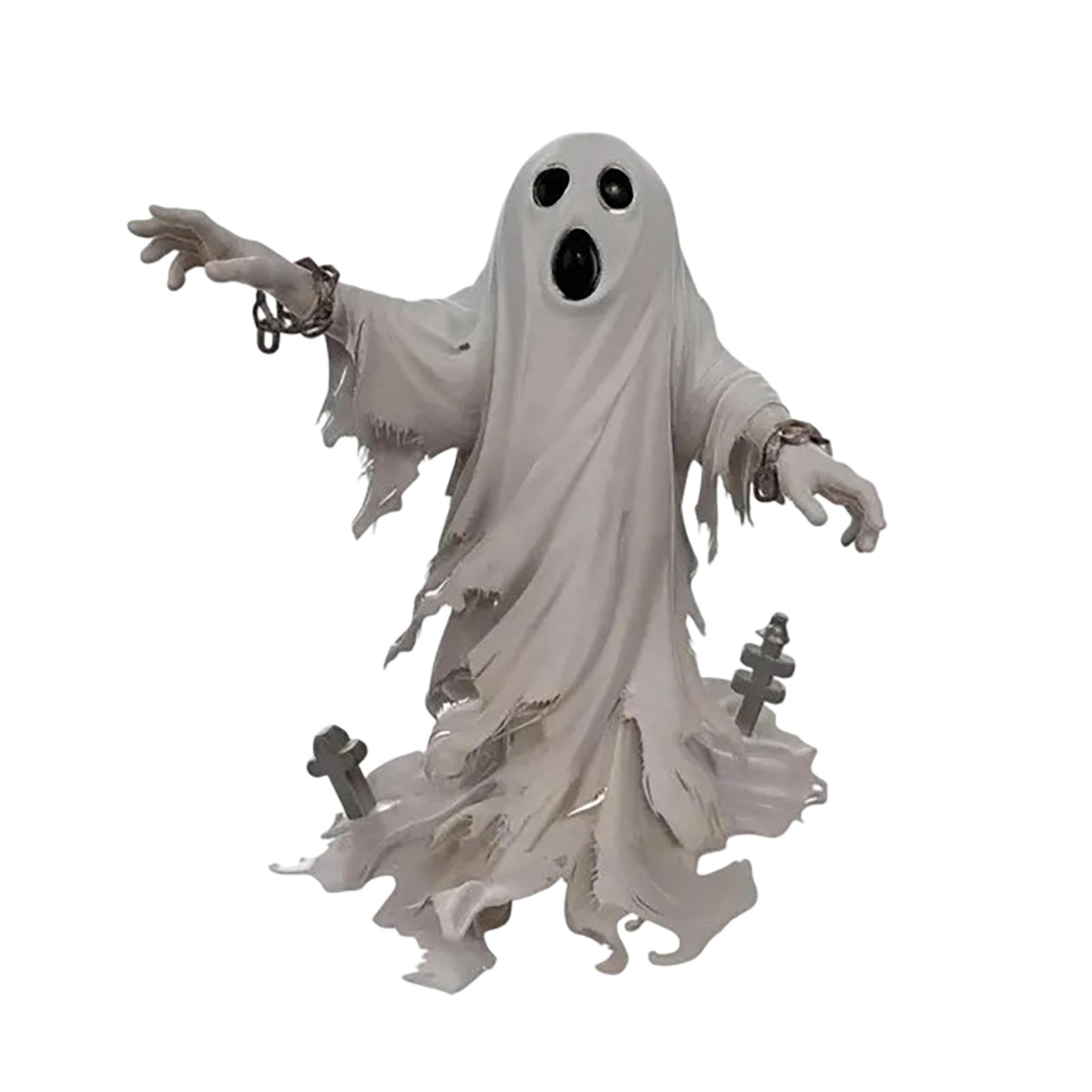 anwhriet Halloween Spooky Ghost Resin Figurine, Chain & Tombstone Detail Gothic Statue, 10cm White Screaming Ghost Sculpture for Indoor Tabletop Shelf Office Home Halloween Decor A
