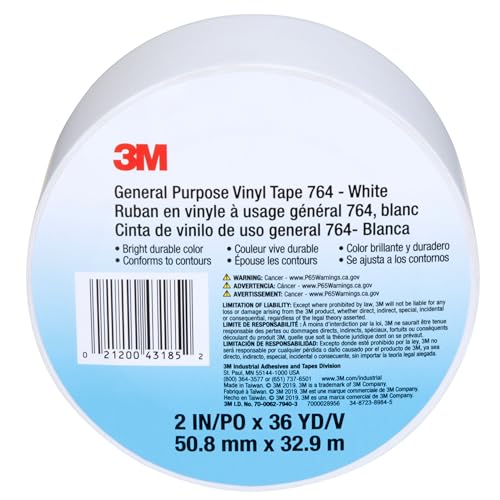 Image of 3M Vinyl Tape 764, General Purpose, 2 in x 36 yd, White, 1 Roll, Light Traffic Floor Marking Tape, Social Distancing, Color Coding, Safety, Bundling