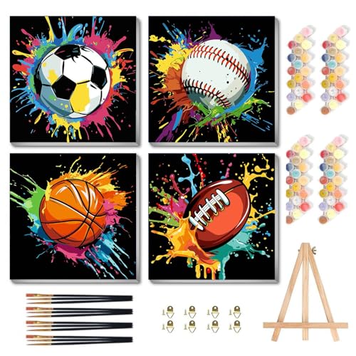 bleihum 4 Pack Paint by Numbers Kit for Kids with Frame Wooden Easel Easy Paint by Number Kids Sports DIY Acrylic Oil Football Painting by Numbers for Home Wall Decor 8x8 Inch