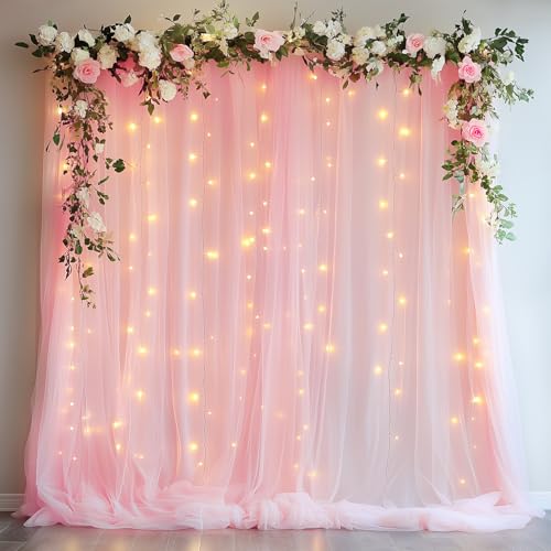 Cortina de tul con luces 10FT X 8FT rosa translúcida