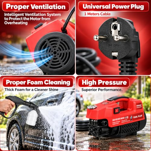 Image of Tool Play TMCW160 High Pressure Washer for Car, Bike, Home & Garden Cleaning, 2400W Induction Motor, 160Bar, 10 L /Min Flow, 7M Hose, Portable Car Washing Machine with Spray Gun