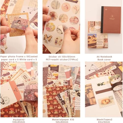 Image of 346Pcs Paper Vintage Aesthetic Scrapbook Kit Scrapbooking Supplies Kit With Bullet Junk Journal, Stationery, Washi Stickers A6 Grid Notebook Journaling Gift For Girl (Brown)