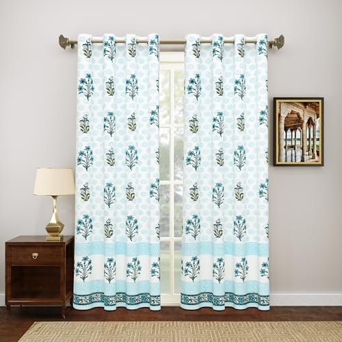 Image of BLOCKS OF INDIA Hand Block Printed Cotton Daylight Curtains with Eyelets(Set of 2 Curtains) (Block 9, 7 Feet /Door)