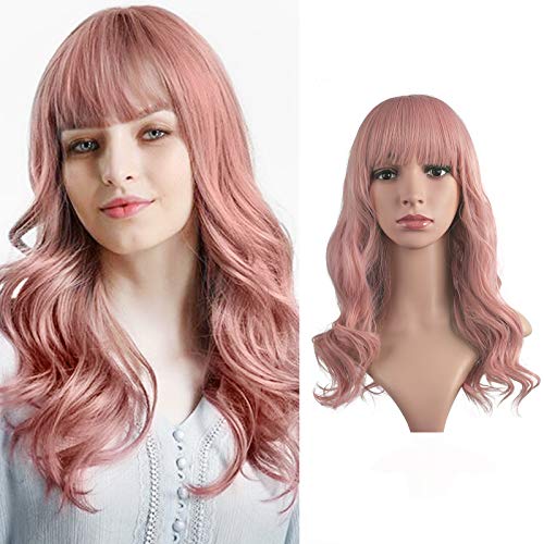 Sidaila Long Curly Wigs Synthetic Glueless Natural Wavy Wig for Women, Shoulder Length Bob Synthetic Cosplay Wig 16 Inch Heat Resistant Hair Wig With Bangs for Girl Costume Wigs (Pink)
