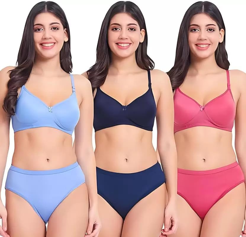 Women’s Cotton Full Coverage Lightly Padded Wire Free Sexy Bra Panty Lingerie Set Honeymoon Bikni Set for Girl’s Combo Pack of 3