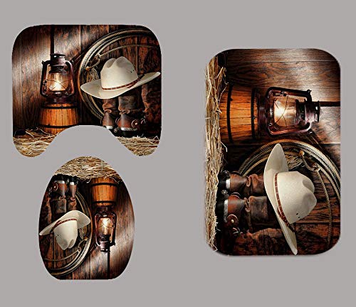Olebety 4Pcs/Set Western Cowboy Shower Curtain, Waterproof Fabric Bath Curtain, Brown Rustic Barn Wooden Board Vintage Country Farmhouse Bathroom Decor, Non-Slip Bathroom Mat Toilet Rug, Boots & Hat #TOP3