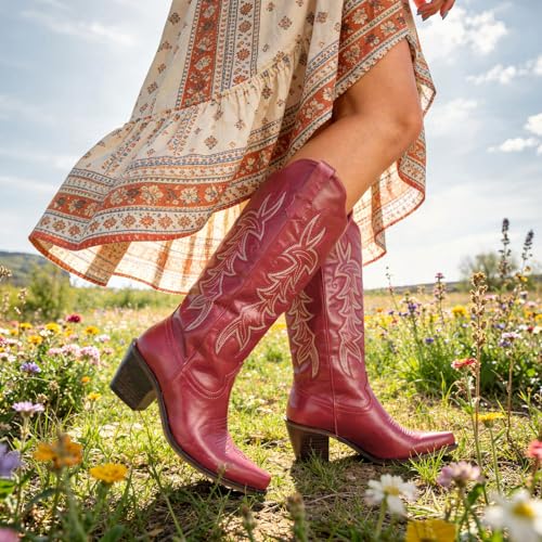 Image of wetkiss Women's Pointed Toe Cowboy Boots | Knee High Cowgirl Boots, Retro Embroidery, Chunky Heel, Pull-On, Style for a Classic Western Look,Stable and Comfortable