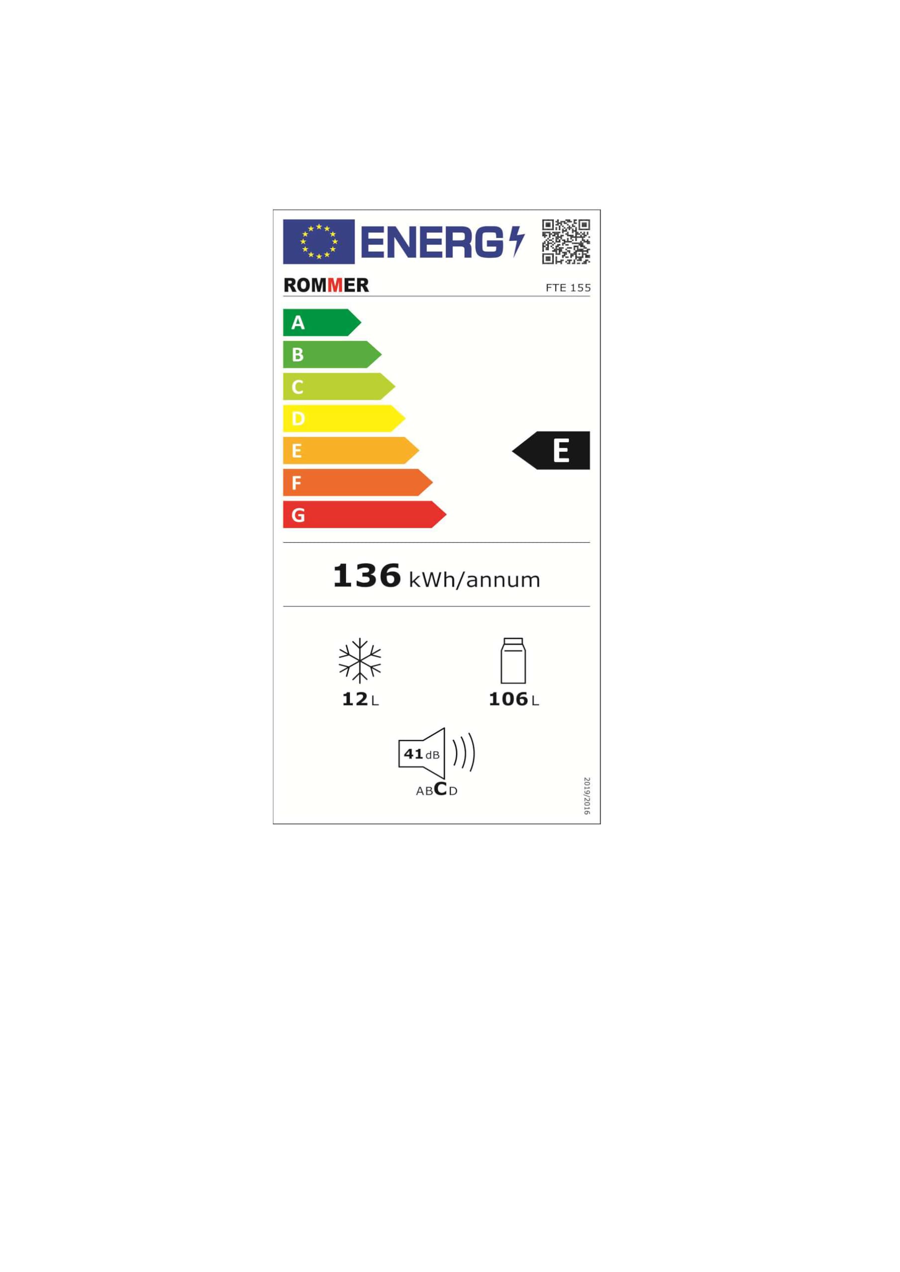 ROMMER Frigorifico FTE 155, capacidad 118 litros, blsnco