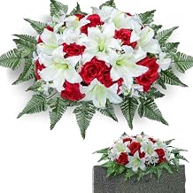 XONOR Artificial Cemetery Flower Saddles for Graves, Cemetery Memorial Flowers for Outdoor Headstone Tombstone Decorations, Lily Rose Flowers SaddleWhite Lily