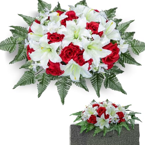 SIFOEL Fleur Artificielle pour Pierre tombale, Fleurs de cimetière, Bouquets de lys Roses artificiels pour décoration extérieure de Pierre tombale. (Lys...