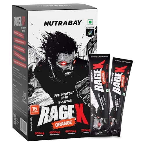 Image of Nutrabay RageX Pre Workout Supplement Powder - 180g (15 Sachets), Orange | 200mg Caffeine, 4g Beta Alanine, 6g L-Citrulline, 600mg L-Arginine, & Black Pepper | Muscle Pump & Performance