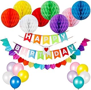 HusDow 34pcs Happy Birthday Decorations Supplies, Happy Birthday Banner and 8pcs Colorful Paper Honeycomb Balls, 12pcs Party Balloons and Rainbow Paper Garland