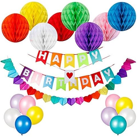 HusDow 34pcs Happy Birthday Decorations Supplies, Happy Birthday Banner and 8pcs Colorful Paper Honeycomb Balls, 12pcs Party Balloons and Rainbow Paper Garland Cover