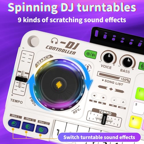 Kids DJ Mixer Board Controller Toy Set with Turntable, Piano Keys, Microphone & Bluetooth - Musical Instrument Toy for Toddlers 3 4 5 6 7 8 Year Old Boys & Girls - Birthday (White)